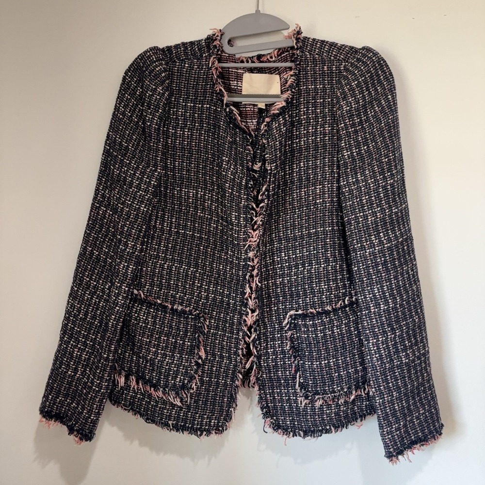 Rebecca Taylor Tweed Blazer Women's 6 Navy Pink Fringe Collarless Jacket 118541J